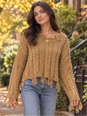 Altar’d State Camel Cable Knit Distressed Fringe Sweater Size Small